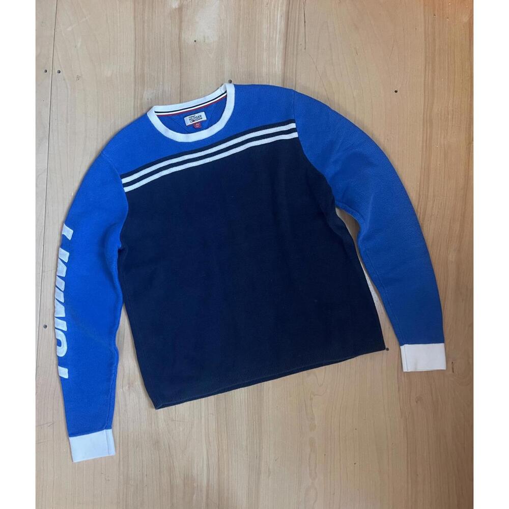 Tommy Hilfiger Striped "TOMMY" Sweater Mens XL Crew Neck Pullover Blue White